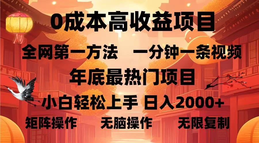 0成本高收益蓝海项目,一分钟一条视频,年底最热项目,小白轻松日入...