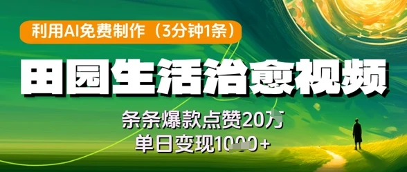 利用AI免费制作田园生活治愈视频，条条爆款点赞20W，单日变现几张