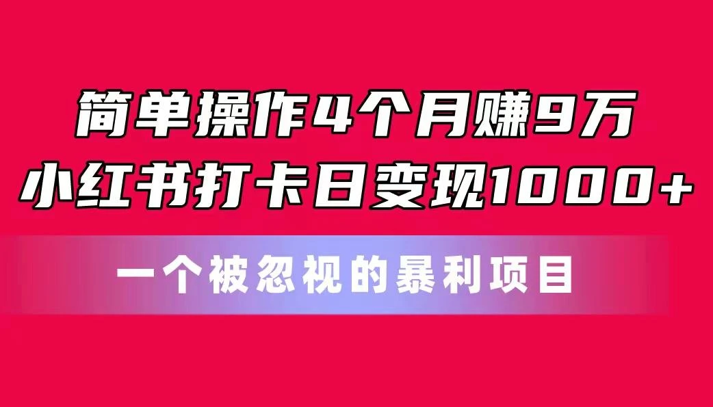 简单操作4个月赚9万！小红书打卡日变现1000+！一个被忽视的暴力项目