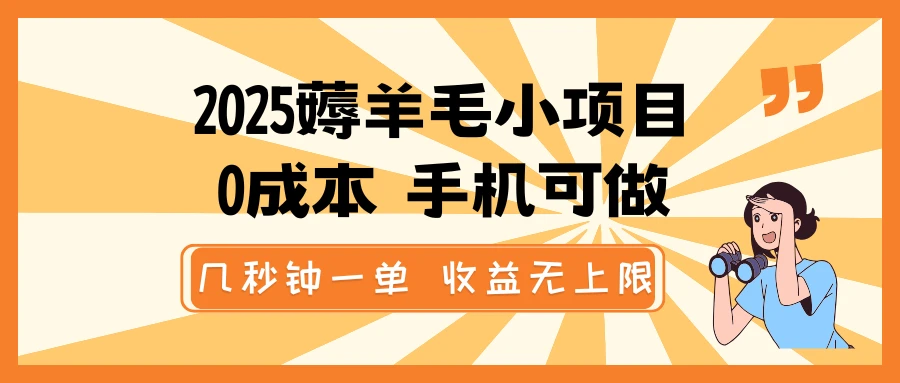2025薅羊毛小项目,0成本 手机可做,几秒钟一单,收益无上限