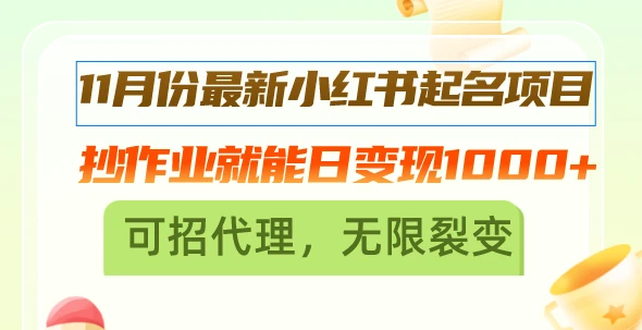 11月份最新小红书起名项目,抄作业就能日变现1000+,可招代理,无限裂变