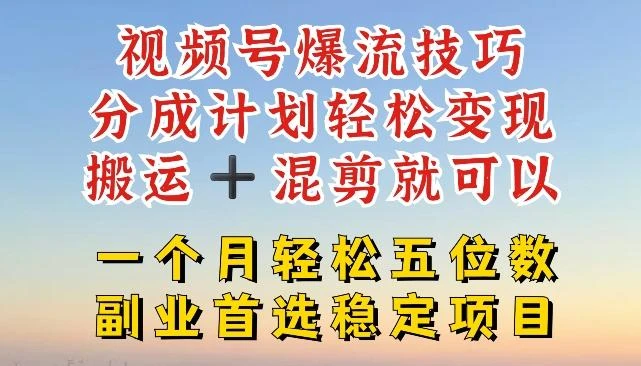 视频号爆流技巧,分成计划轻松变现,搬运 +混剪就可以,一个月轻松五位数稳定项目【揭秘】